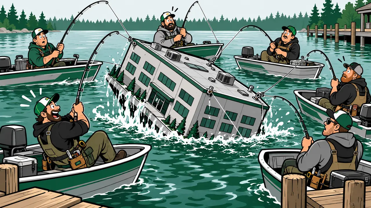 Cartoon of six roofers in fishing boats all reeling in the same commercial building out of a lake