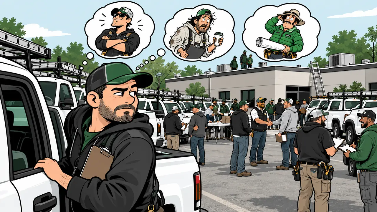 Cartoon of a roofer squinting at the crowd at a public bid job walk, thought bubbles sizing up the other roofers