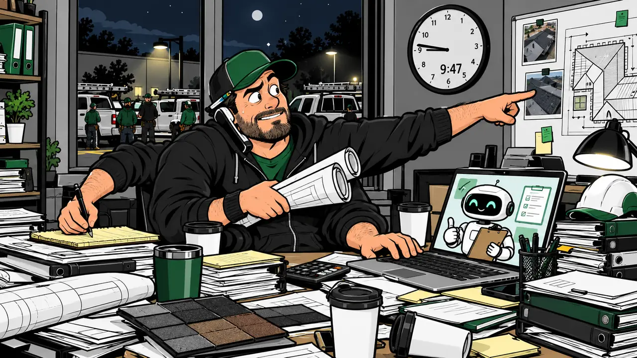 Cartoon of a roofing company owner at 9:47 PM juggling a phone, blueprints and paperwork while a friendly robot on his laptop offers to help