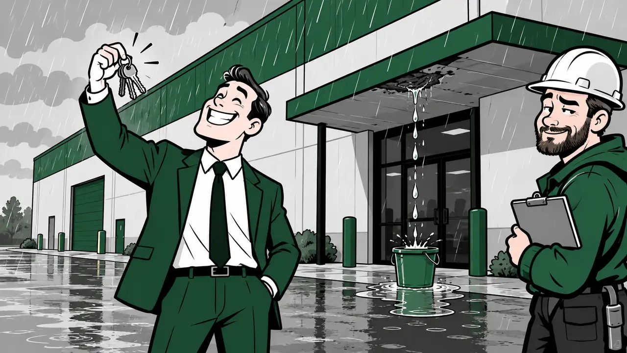 Cartoon of a grinning new building owner holding up his keys in the rain while the entrance leaks into a bucket behind him