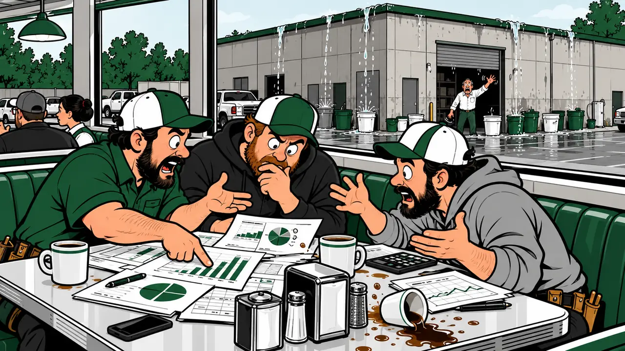 Cartoon of three roofers arguing over charts in a diner while a warehouse out the window leaks into a row of buckets